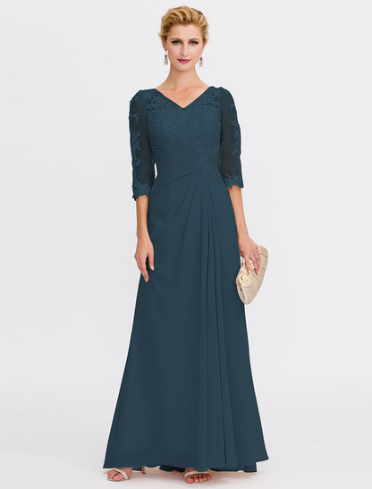 A-Line Mother of the Bride Dress Plus Size Elegant Through V Neck Floor Length Chiffon Half Sleeve with Appliques Side Draping