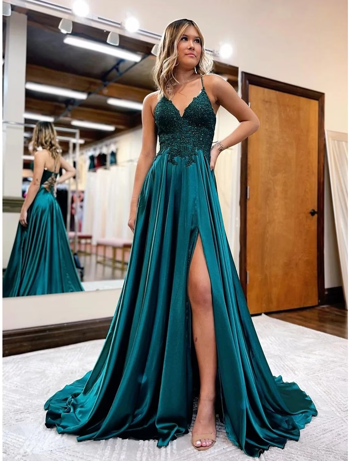 A-Line Prom Dresses Empire Dress Formal Court Train Sleeveless V Neck Satin Backless with Beading Appliques