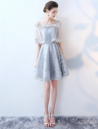 A-Line Elegant Party Wear Cocktail Party Dress Jewel Neck Half Sleeve Short Mini Tulle with Lace Insert Pattern Print
