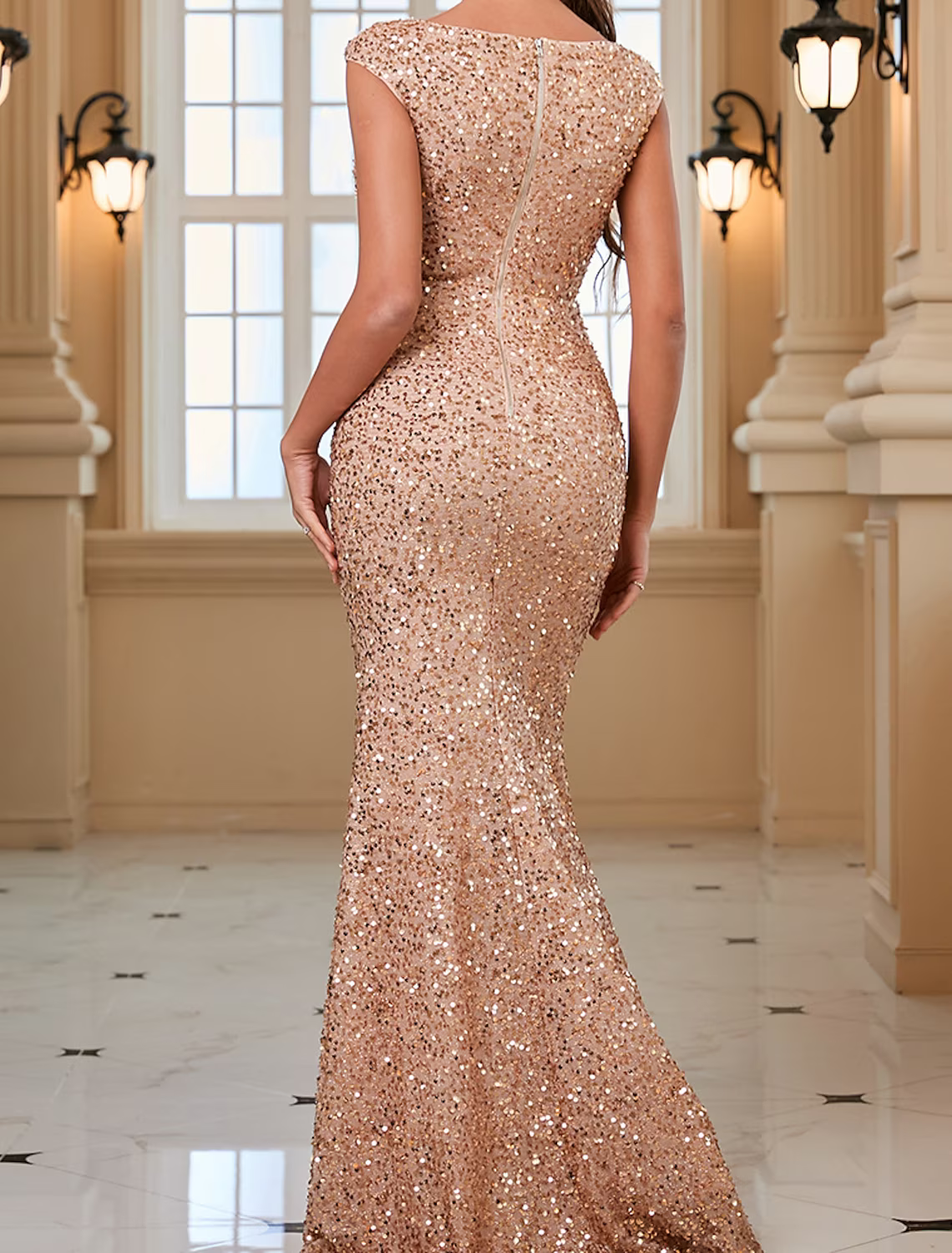 Sparkle Shine Prom Formal Evening Dress Square Neck Sleeveless Floor Length Polyester with Sequin