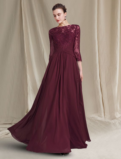 Mother of the Bride Dress Plus Size Elegant Floor Length Chiffon Lace Length Sleeve with Ruched Appliques