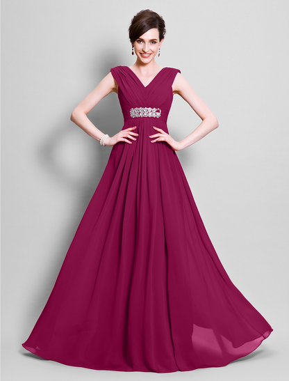 A-Line Mother of the Bride Dress Open Back V Neck Floor Length Chiffon Sleeveless with Beading Side Draping