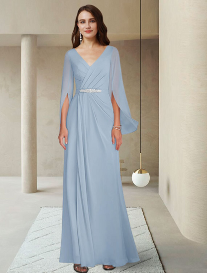 Mother of the Bride Dress Elegant V Neck Ankle Length Chiffon Long Sleeve with Crystal Brooch Ruching