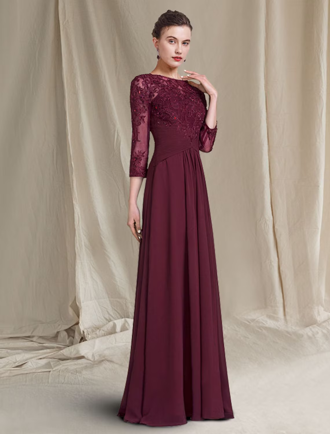 Mother of the Bride Dress Plus Size Elegant Floor Length Chiffon Lace Length Sleeve with Ruched Appliques