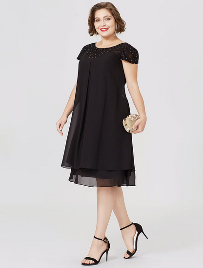Mother of the Bride Dress Formal Little Black Dress Plus Size Knee Length Chiffon Lace Short Sleeve No with Pleats Beading Lace