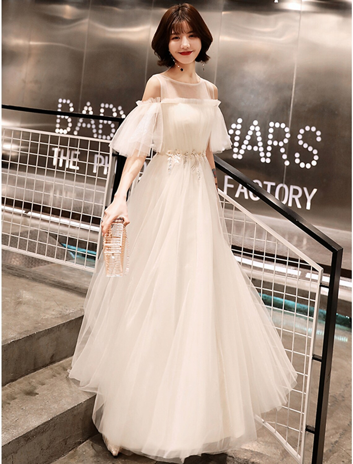 A-Line Prom Dresses Dress Wedding Guest Floor Length Half Sleeve Illusion Neck Satin with Appliques