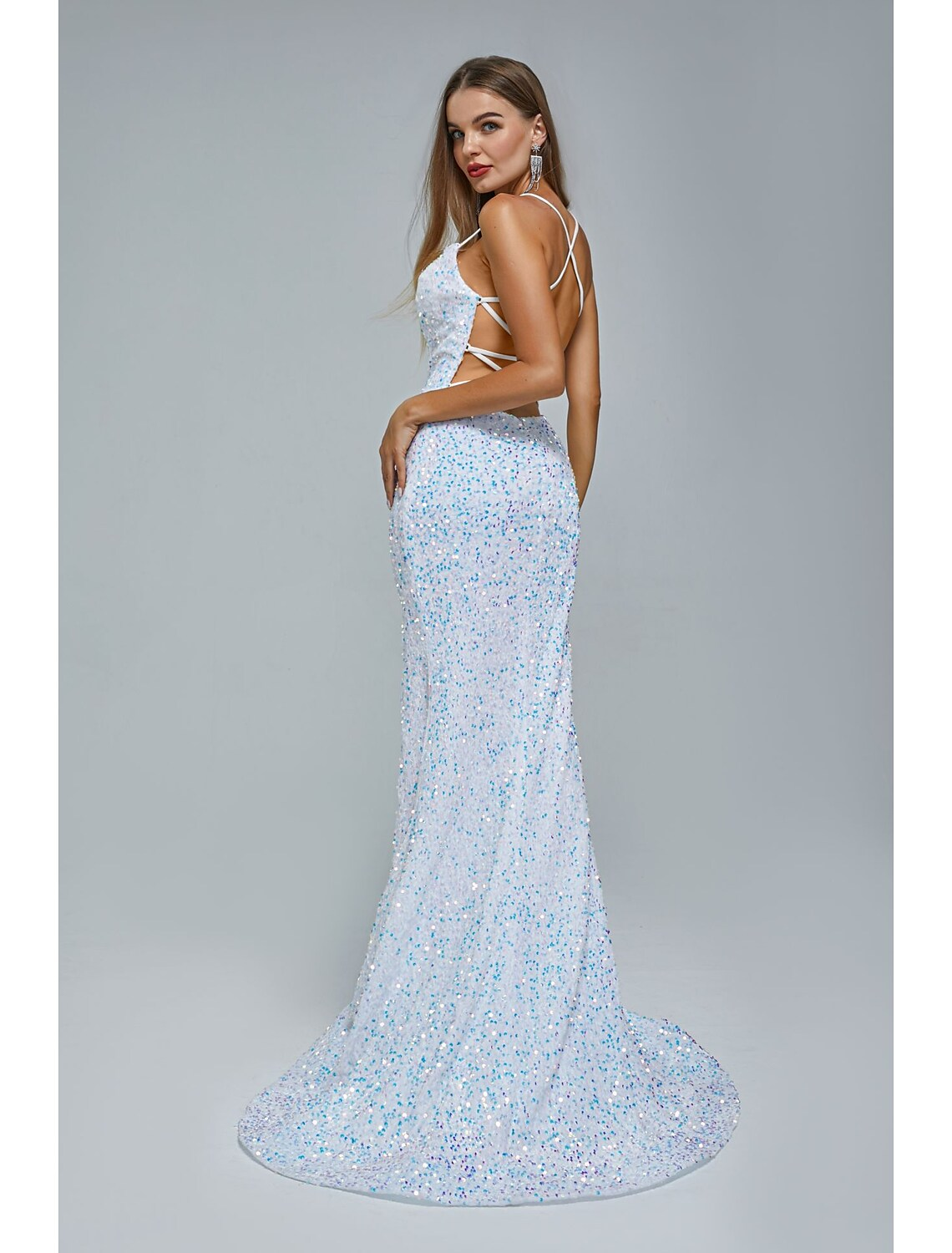 Evening Gown Elegant Dress Party Wear Train Sleeveless Strap Lace Crisscross Back with Sequin Slit