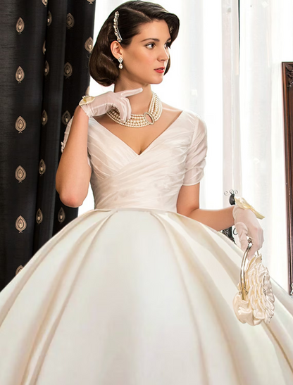 Engagement Formal Wedding Dresses Court Princess Short Sleeve V Neck Satin With Ruched
