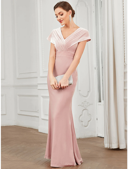 Evening Gown Vintage Dress Floor Length Short Sleeve V Neck Velvet V Back with Ruffles