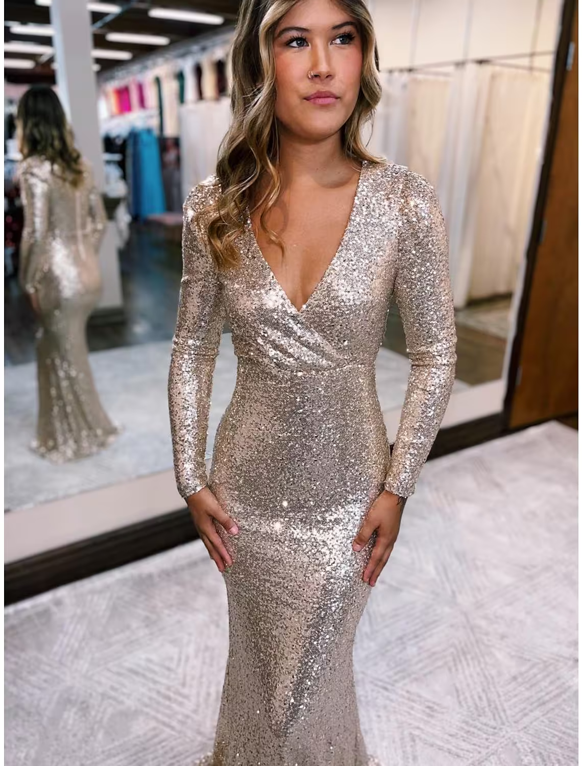 Evening Gown Sexy Dress Formal Floor Length Long Sleeve V Neck Sequined with