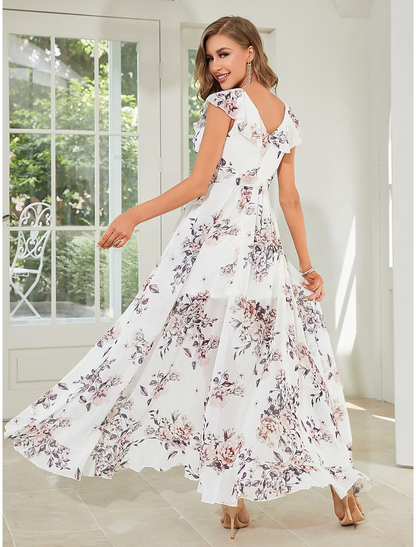A-Line Wedding Guest Dresses Floral Dress Party Wear Asymmetrical Sleeveless V Neck Chiffon with Ruffles Strappy