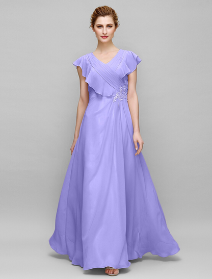 Mother of the Bride Dress Plus Size Elegant V Neck Floor Length Chiffon Sleeveless with Criss Cross Appliques