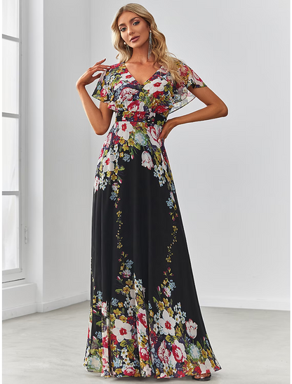 A-Line Evening Gown Elegant Dress Birthday Floor Length Short Sleeve V Neck Chiffon with Pattern