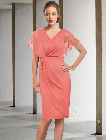 Mother of the Bride Dress Elegant V Neck Knee Length Chiffon Short Sleeve with Ruched