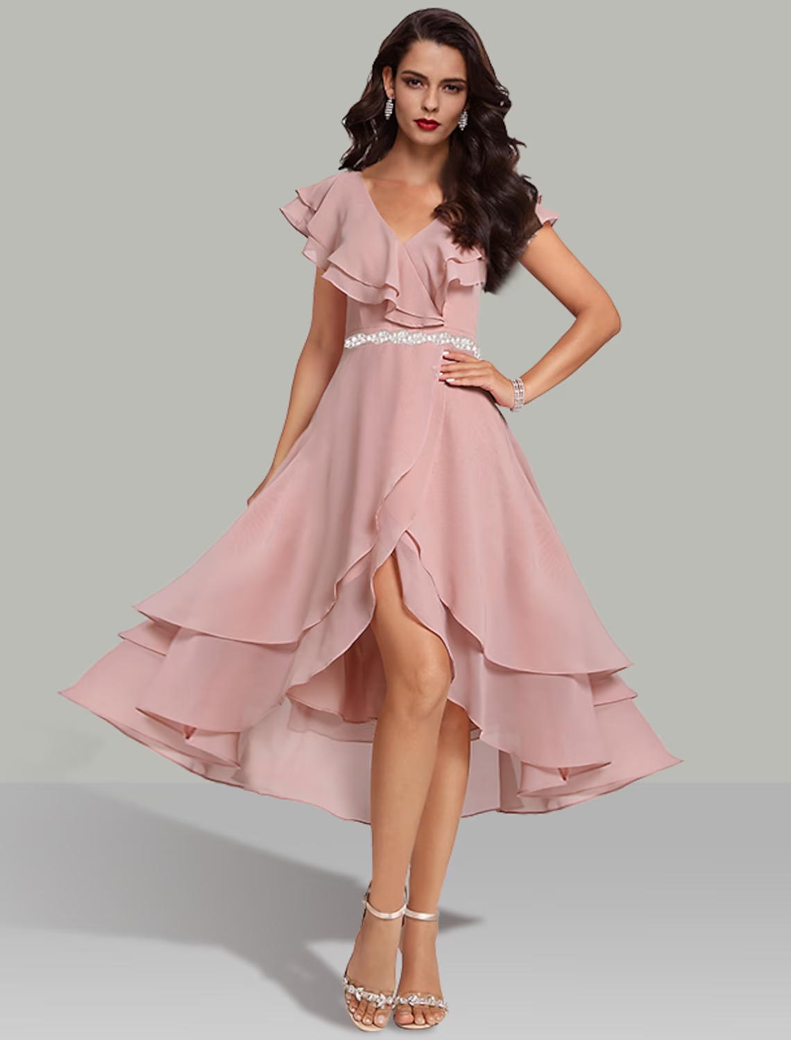 A-Line Wedding Guest Dresses Tiered Dress Cocktail Party Short Sleeve V Neck Belt Sash Chiffon with Beading
