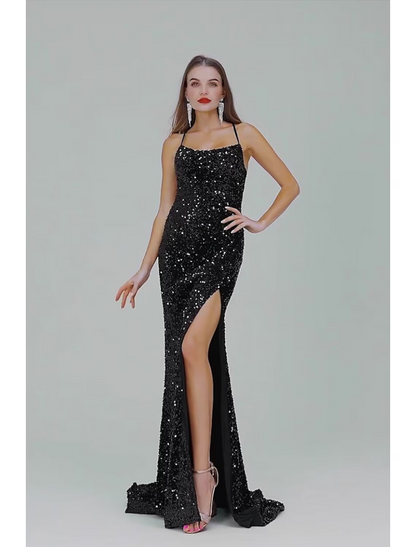 Evening Gown Elegant Dress Party Wear Train Sleeveless Strap Lace Crisscross Back with Sequin Slit
