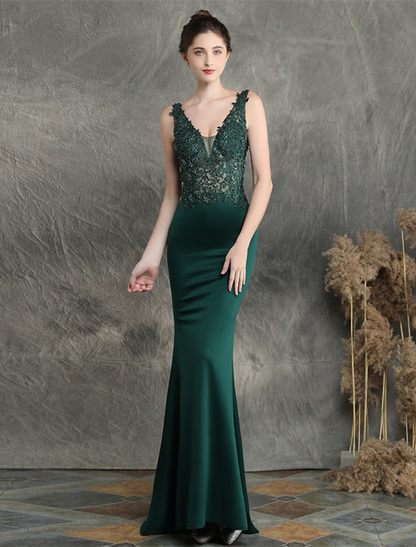 Evening Gown Elegant Dress Formal Sleeveless V Neck Cotton Blend with Beading Applique