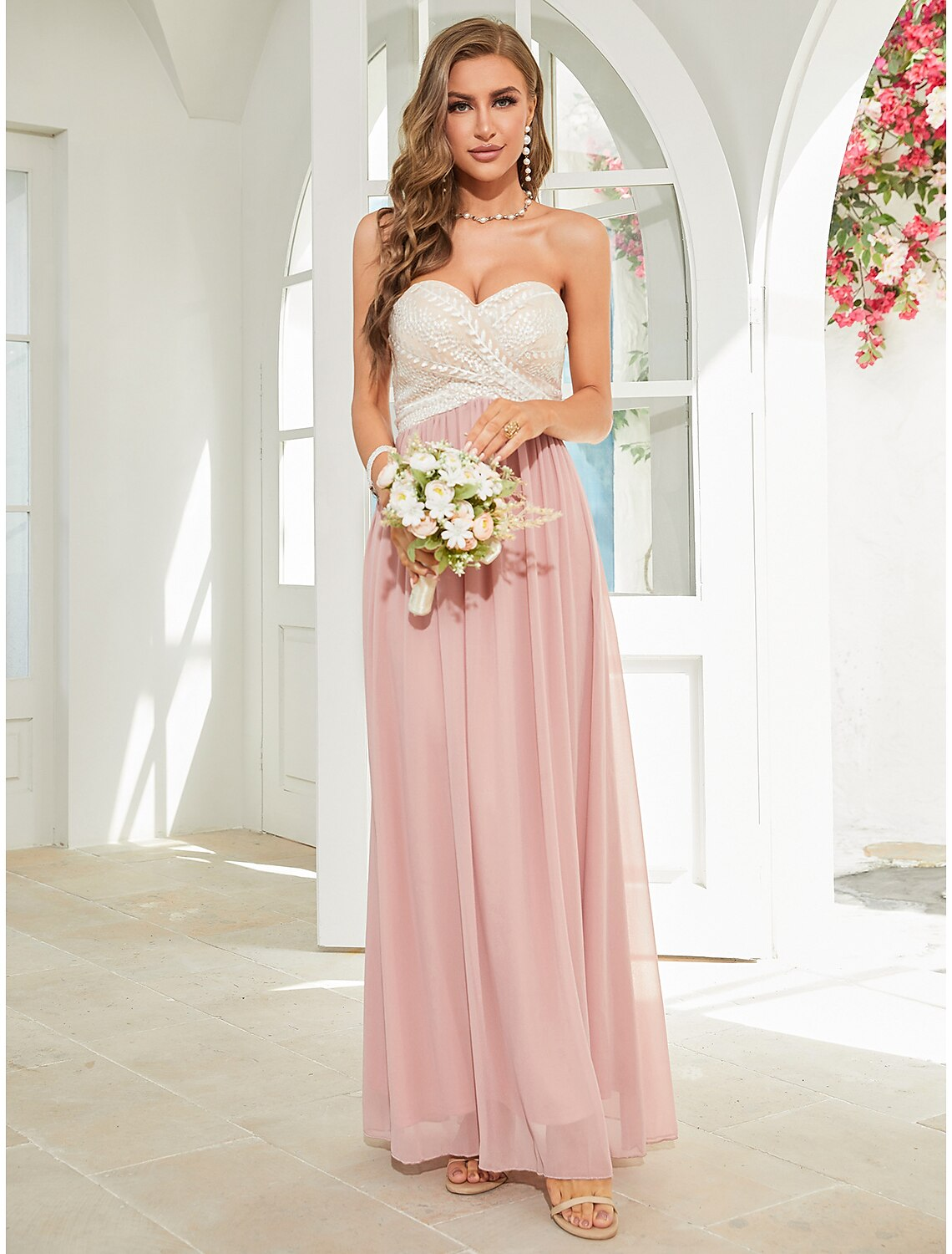 A-Line Wedding Guest Dresses Floral Dress Party Wear Ankle Length Sleeveless Strapless Chiffon Backless with Appliques