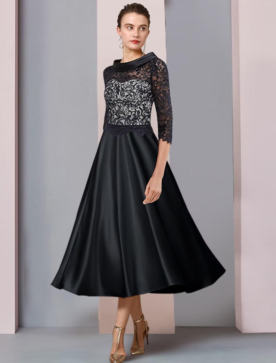 A-Line Mother of the Bride Dress Formal Wedding Guest Party Elegant Satin Lace Half Sleeve with Pleats Appliques