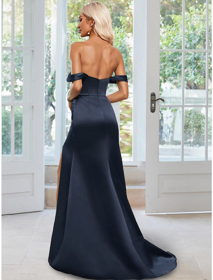 Prom Dresses Open Back Dress Party Wear Sleeveless Off Shoulder Stretch Satin Backless with Ruched Slit