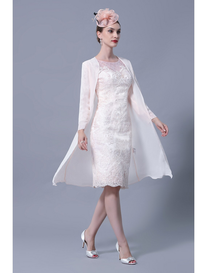 Two Piece Mother of the Bride Dress Church Elegant Jewel Neck Knee Length Lace Sleeve with Embroidery