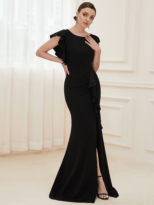Evening Gown Vintage Dress Formal Floor Length Short Sleeve Jewel Neck Nylon with Ruffles Slit