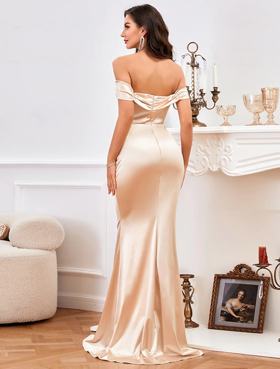 High Split Prom Formal Evening Dress Off Shoulder Sleeveless Floor Length Satin with Ruched Slit