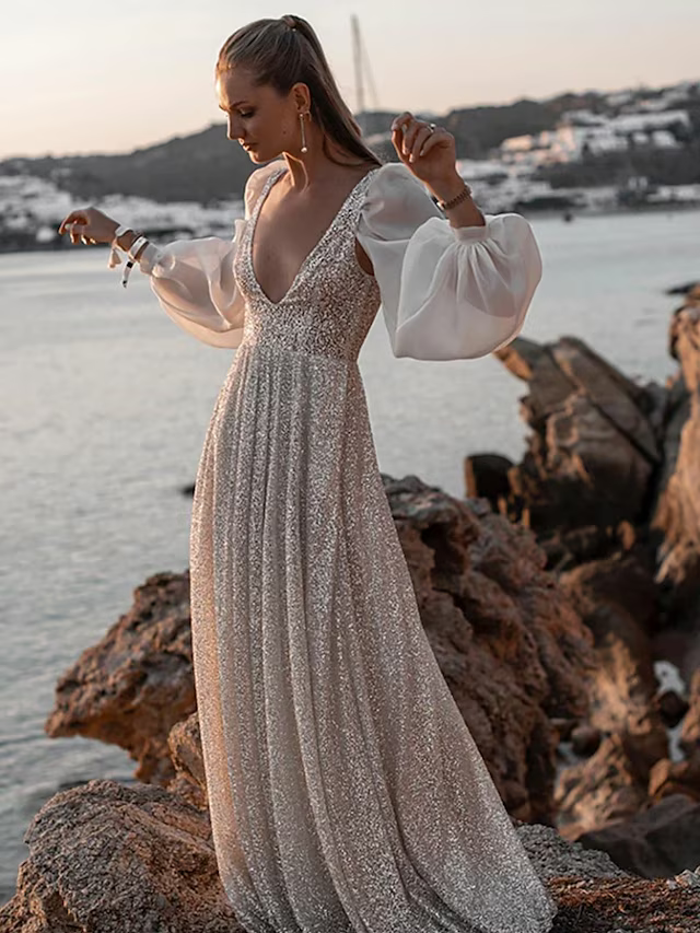Beach Open Back Boho Wedding Dresses Long Sleeve V Neck Sequined With Pleats