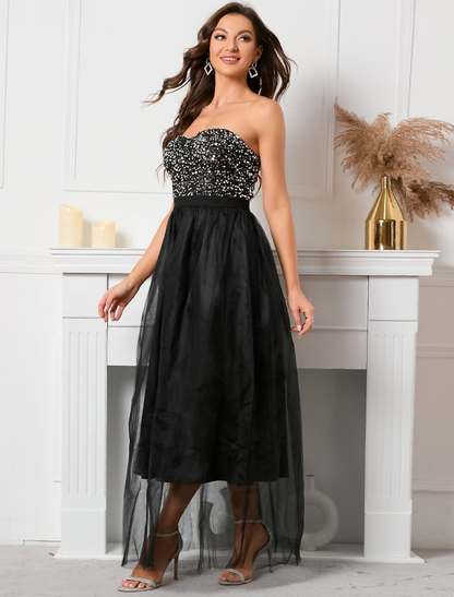 A-Line Party Dresses Sparkle Shine Dress Holiday Floor Length Sleeveless Strapless Sequined with Sequin