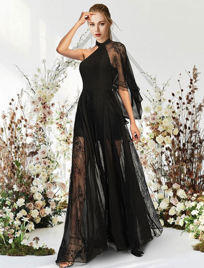 A-Line Evening Gown Empire Dress Wedding Guest Floor Length Half Sleeve One Shoulder Lace with Pleats
