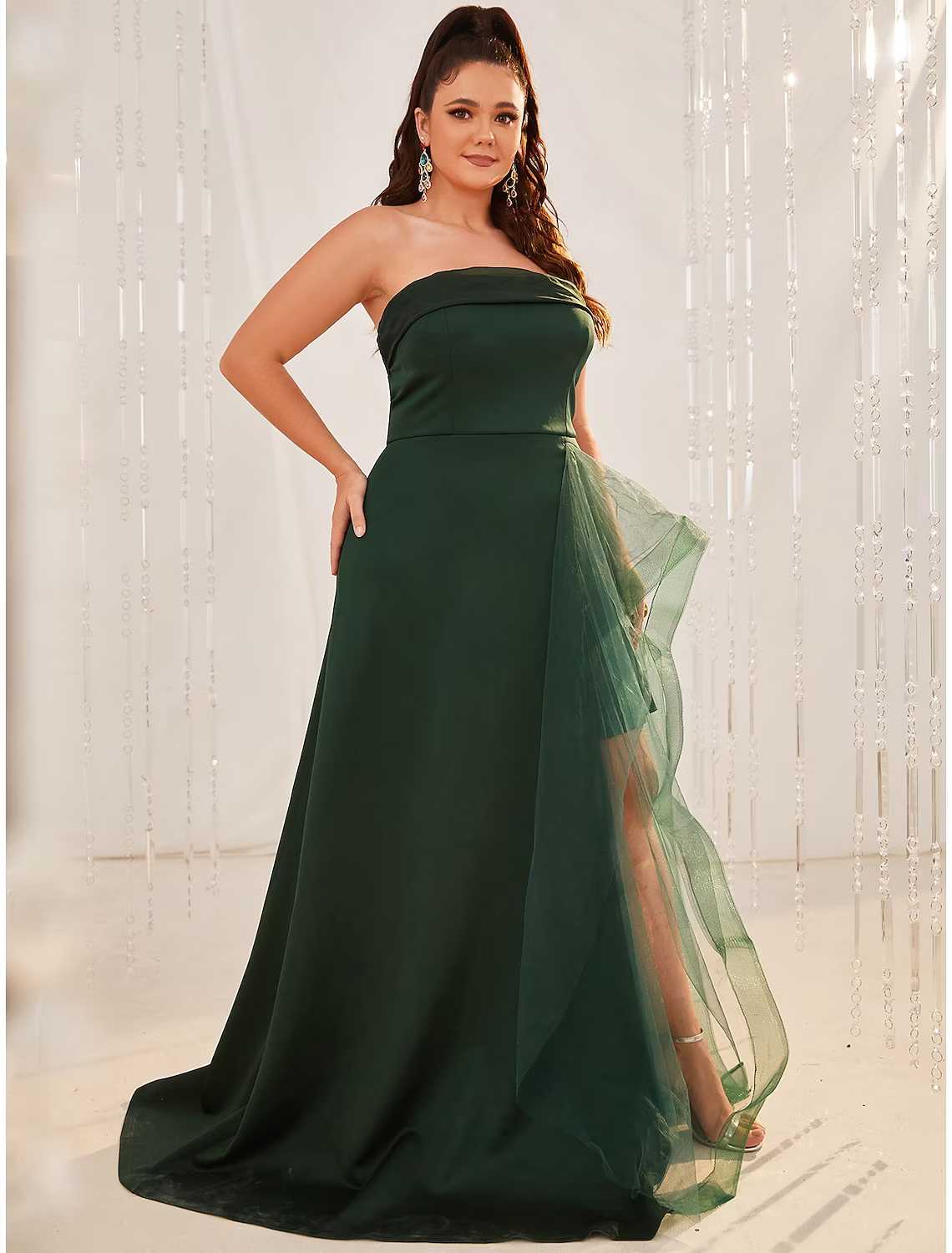 A-Line Wedding Guest Dresses Plus Size Dress Formal  Sleeveless Strapless Organza with Slit