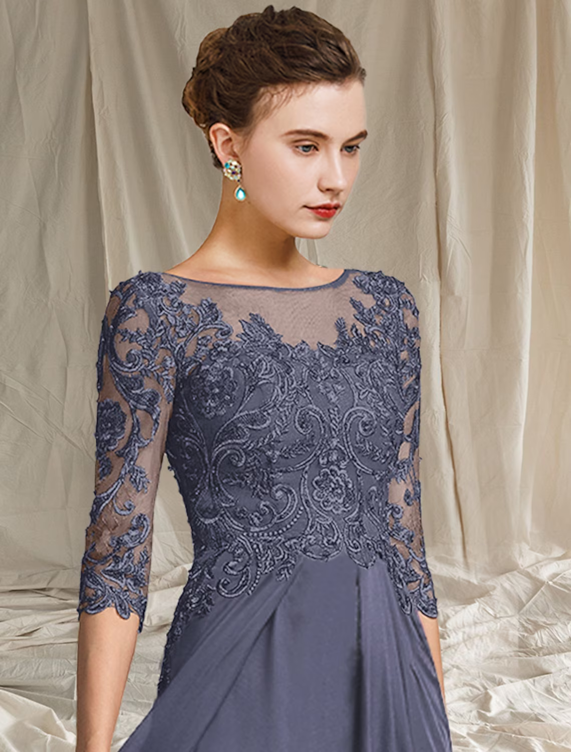 A-Line Mother of the Bride Dress Elegant Floor Length Chiffon Lace Half Sleeve with Pleats