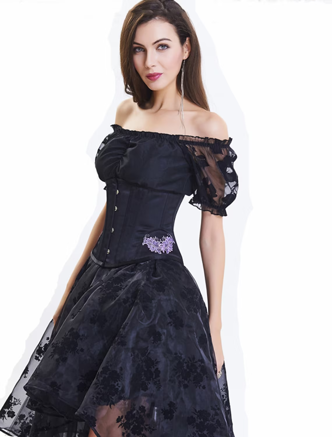 A-Line Prom Dresses Vintage Dress Asymmetrical Short Sleeve Off Shoulder Lace with Embroidery Appliques