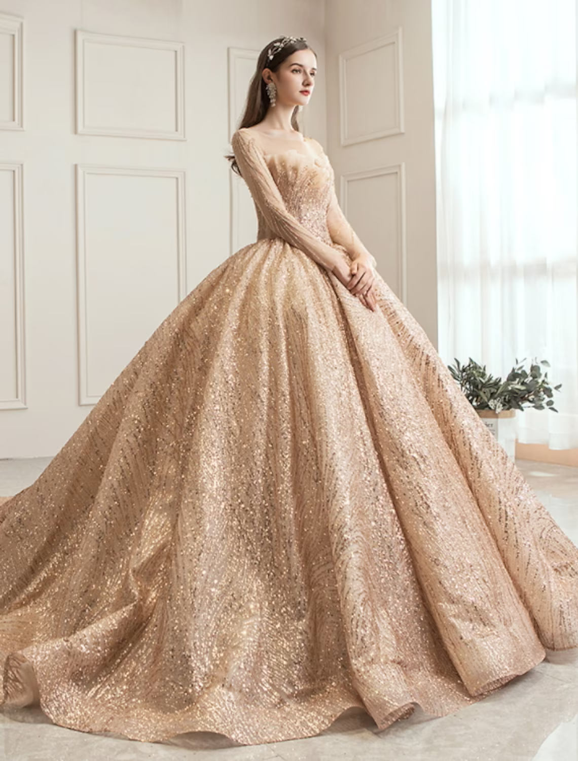 Engagement Wedding Dresses in Color Formal Wedding Dresses Chapel Train Princess Long Sleeve Jewel Neck Tulle With Ruched