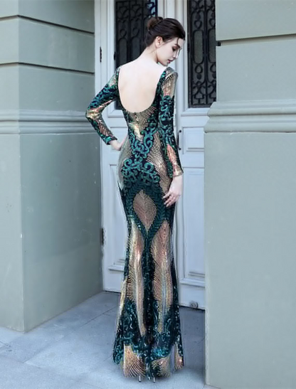 Prom Dresses Elegant Dress Formal Floor Length Long Sleeve Jewel Neck Sequined with