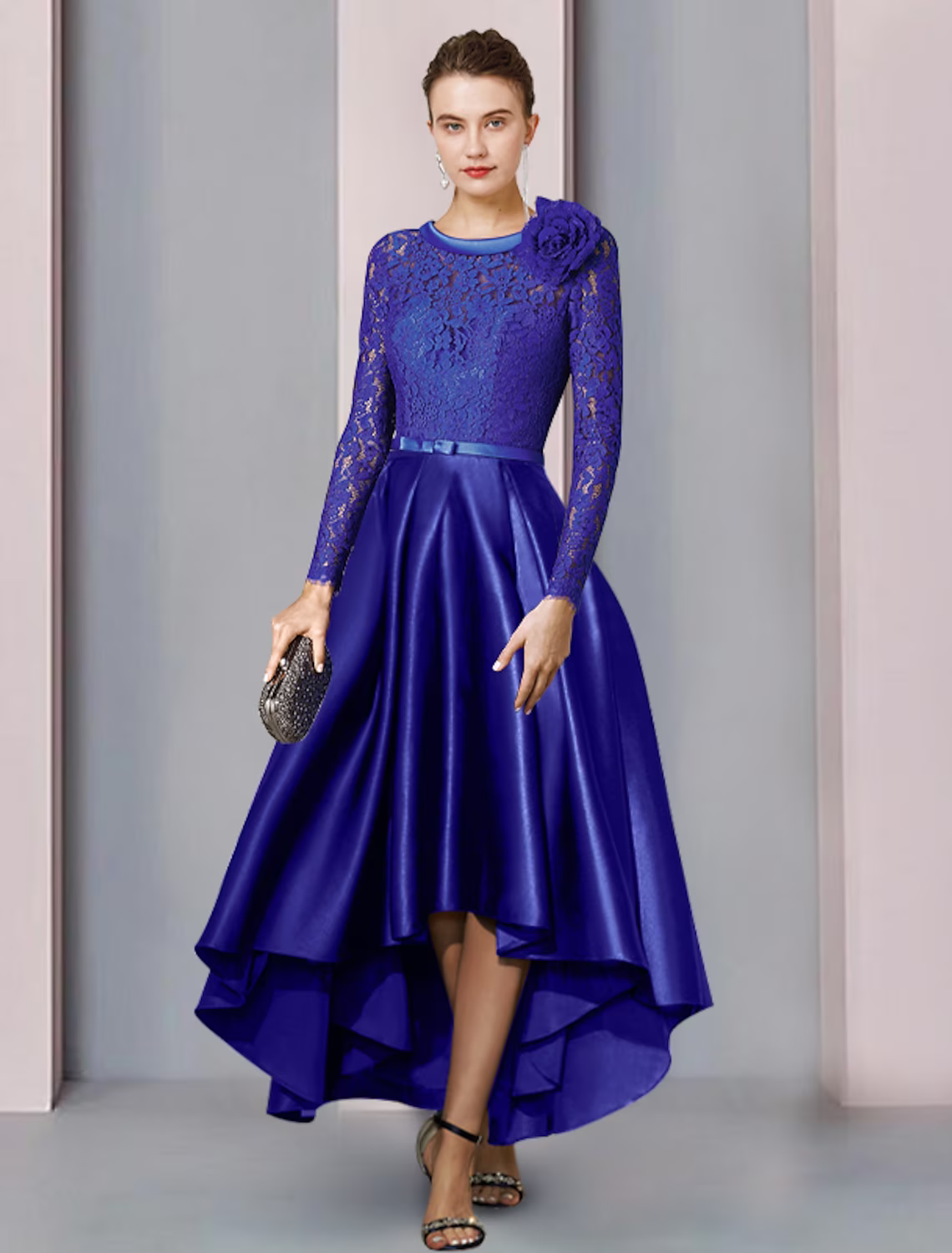 A-Line Mother of the Bride Dress Formal Church Elegant High Low Scoop Neck Satin Lace Long Sleeve with Bow Flower