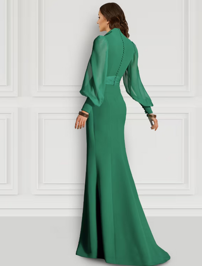 Mermaid / Trumpet Evening Gown Elegant Dress Formal Sweep / Brush Train Long Sleeve V Neck Chiffon with Slit Strappy