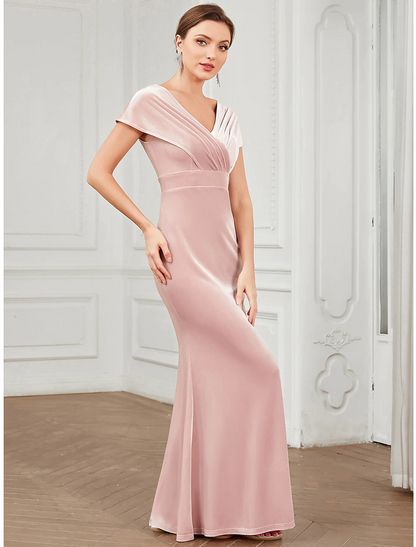 Evening Gown Vintage Dress Floor Length Short Sleeve V Neck Velvet V Back with Ruffles