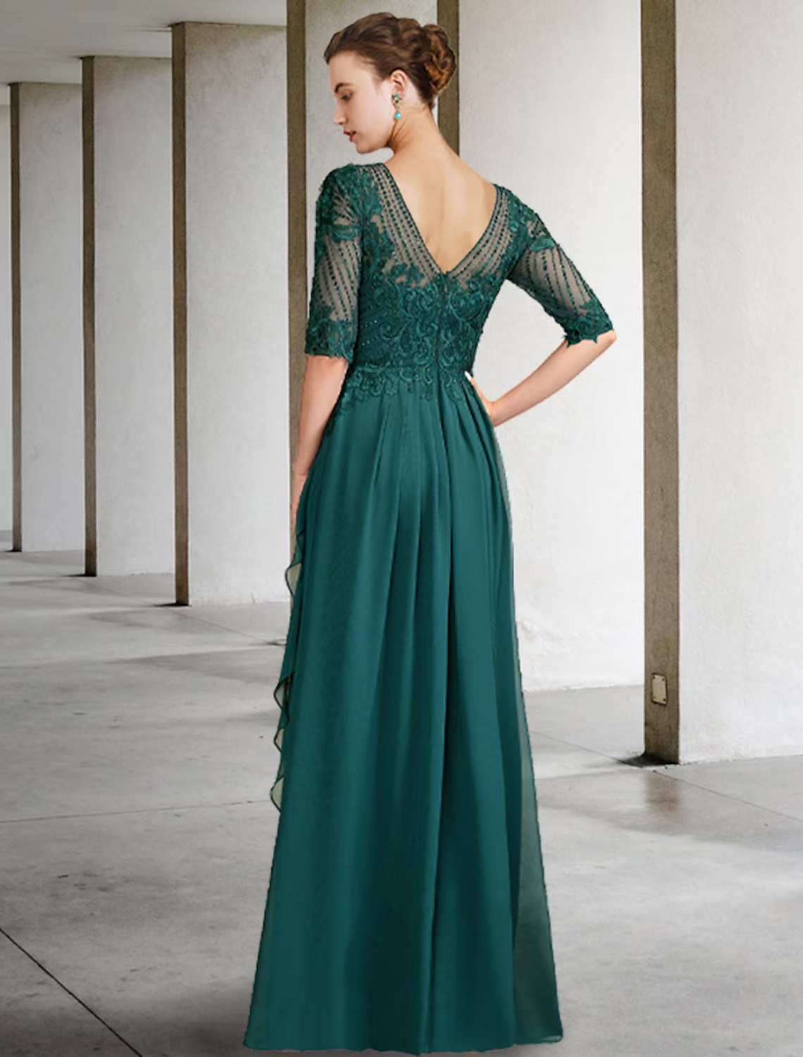 A-Line Mother of the Bride Dress Luxurious Elegant Floor Length Chiffon Lace Half Sleeve with Pleats Beading Appliques