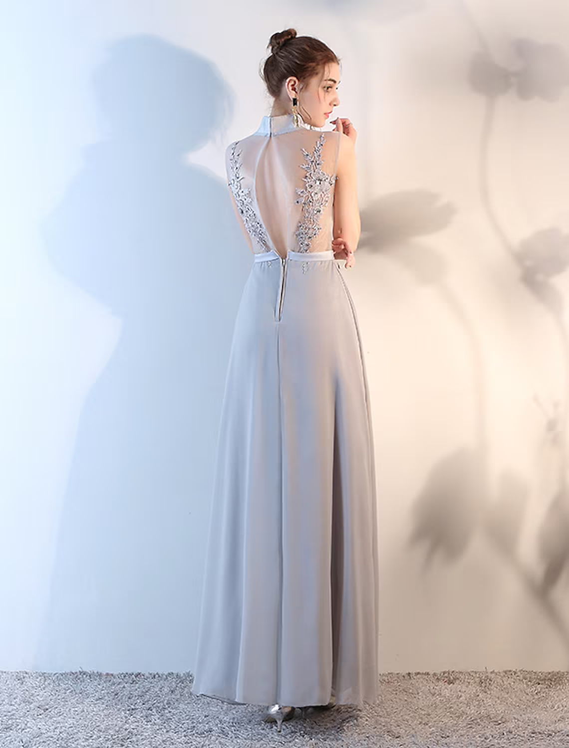 Evening Gown Beautiful Back Dress Wedding Guest Floor Length Sleeveless High Neck Chiffon with Applique