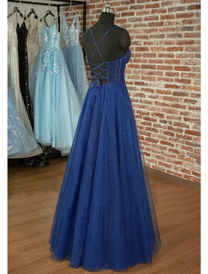 A-Line Prom Dresses Sparkle & Shine Dress Prom Floor Length Sleeveless Sweetheart Tulle Backless with Pleats Appliques
