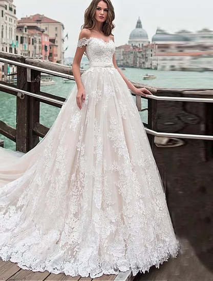 Engagement Formal Wedding Dresses Chapel Train Ball Gown Short Sleeve Off Shoulder Lace With Appliques