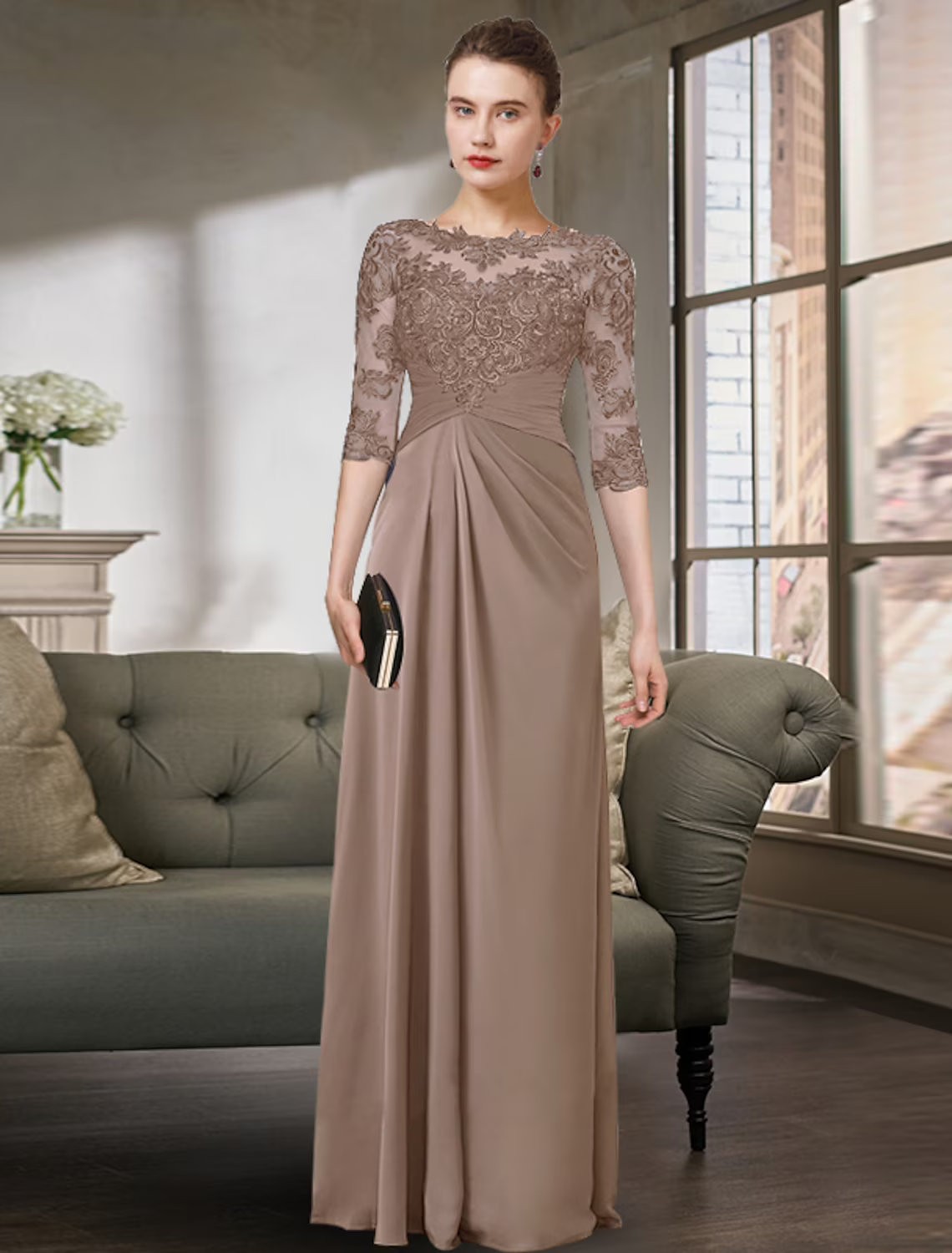 Mother of the Bride Dress Simple Elegant Floor Length Chiffon Lace Half Sleeve with Pleats