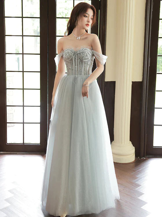 Sliver Grey Tulle Beaded Straps Long Party Dress, Grey Tulle Formal Dress