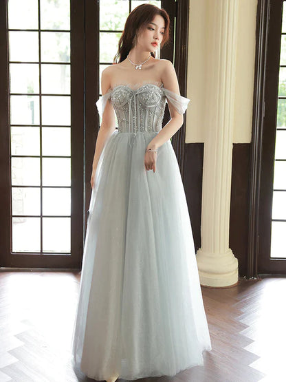 Sliver Grey Tulle Beaded Straps Long Party Dress, Grey Tulle Formal Dress