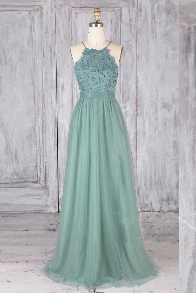 A Line Backless Lace Green Long Prom Dresses, Backless Green Lace Formal Graduation Evening Dresses - luolandi