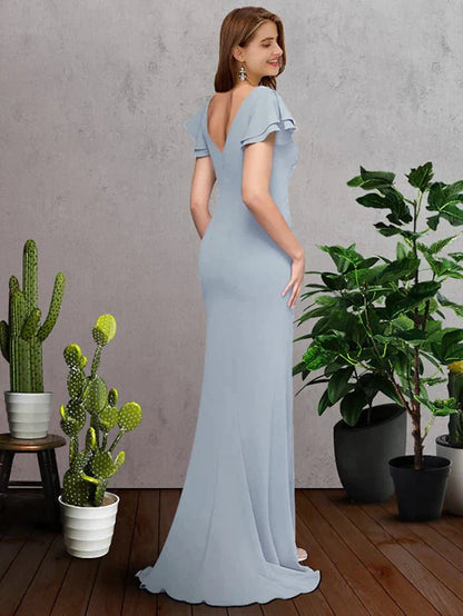 A-Line Bridesmaid Dress Jewel Neck Short Sleeve Elegant Sweep / Brush Train Chiffon with Ruffles - luolandi