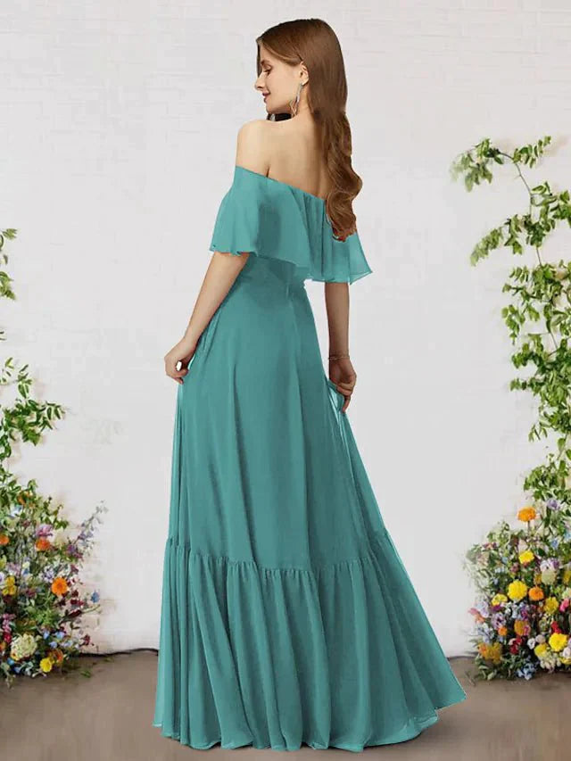 A-Line Bridesmaid Dress Off Shoulder Sleeveless Elegant Floor Length Chiffon with Ruffles - luolandi