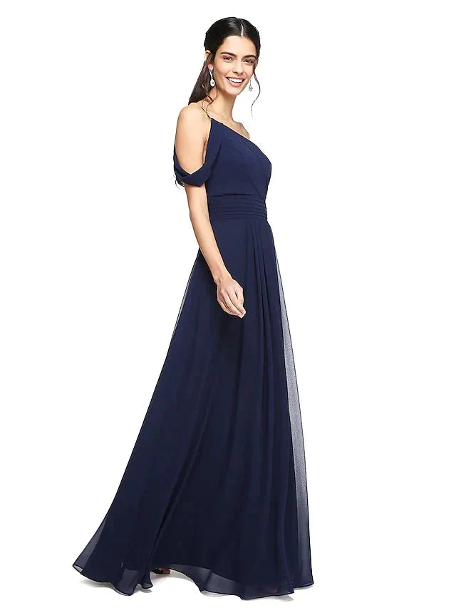 A-Line Bridesmaid Dress One Shoulder Sleeveless Elegant Floor Length Chiffon with Pleat - luolandi