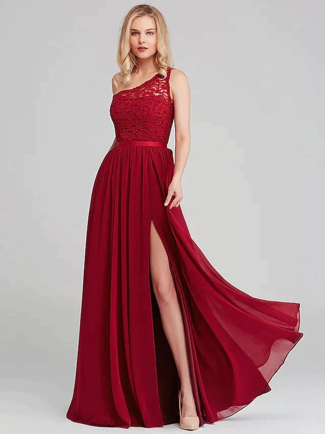 A-Line Bridesmaid Dress One Shoulder Sleeveless Elegant Long Length Chiffon / Lace with Sash / Ribbon - luolandi